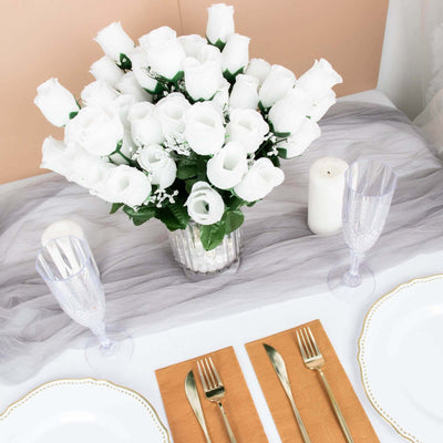 12 Bushes White Artificial Silk Rose Bud Flowers, 84 Flower Heads