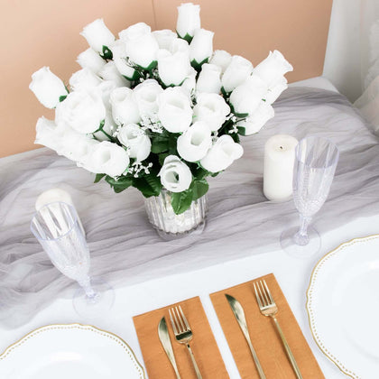 12 Bushes White Artificial Silk Rose Bud Flowers, 84 Flower Heads