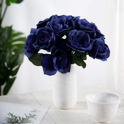 Navy Blue Velvet-Like Artificial Rose Bouquet, 12" Decorative Floral Arrangement