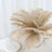 Beige feather arrangement in a glass vase on a white table.