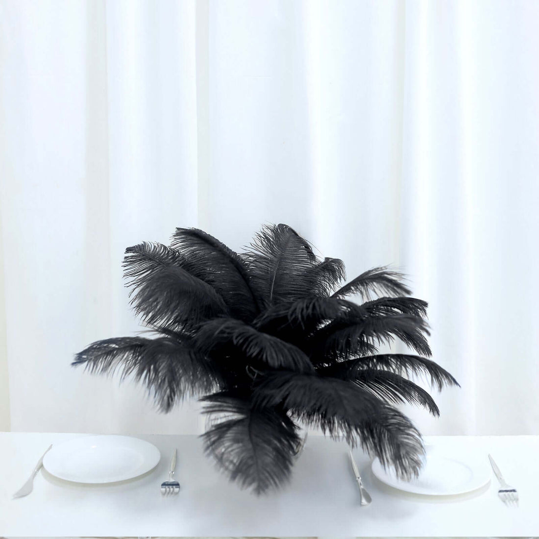 Black feather centerpiece on a dining table with white plates.