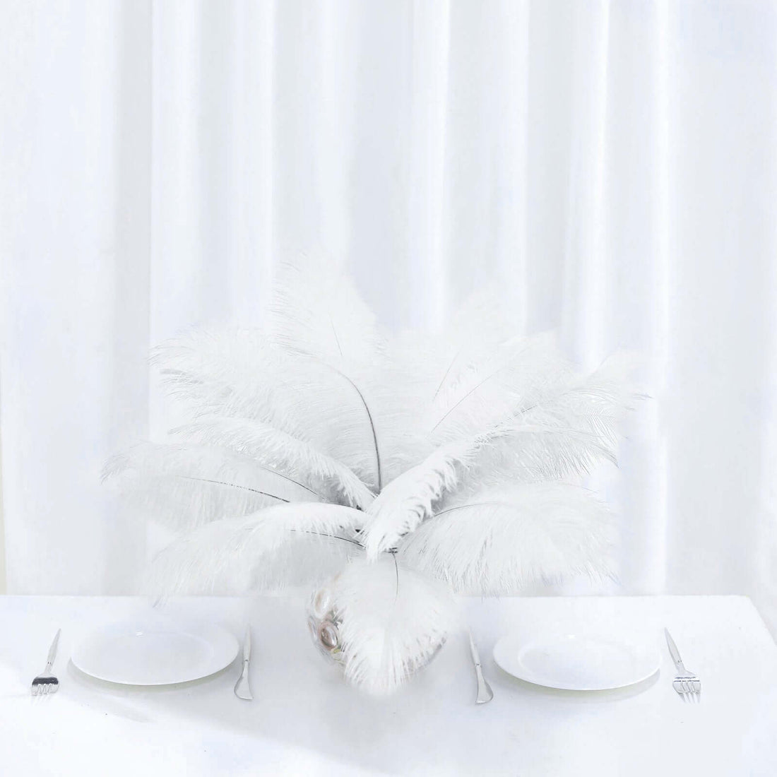 White feather centerpiece on a dining table with two plates and utensils.