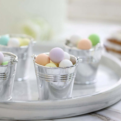 12 Pack Silver Mini Pail Bucket Candy Container Gift Boxes, Small Planter Treat Party Favor Boxes 2"