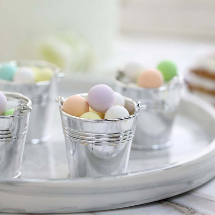 12 Pack Silver Mini Pail Bucket Candy Container Gift Boxes, Small Planter Treat Party Favor Boxes 2"