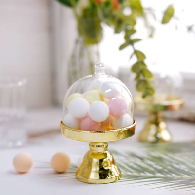12-Pack Fillable Mini Pedestal Candy Container 4" Clear/Gold - Candy Treat Favor Boxes with Dome Lid