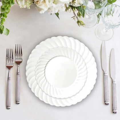 12-Pack Plastic Dessert Plates 6" Glossy White Swirl Rim - Round Salad Plates for Events
