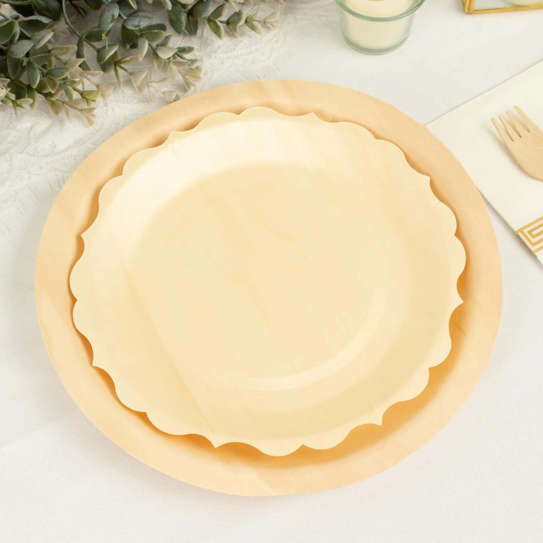 Scalloped wooden serving plates in natural color.