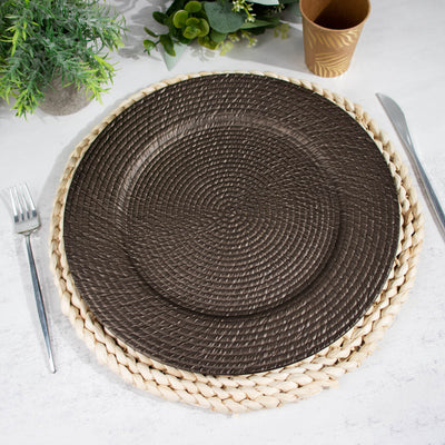 12-Pack Acrylic Charger Plates 13" Round Natural Brown with Rattan-Like Design - Farmhouse Disposable Plastic Charger Tableware