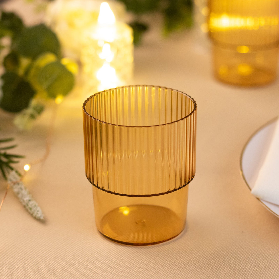 Ribbed Stackable Plastic Tumblers Amber Gold 7oz