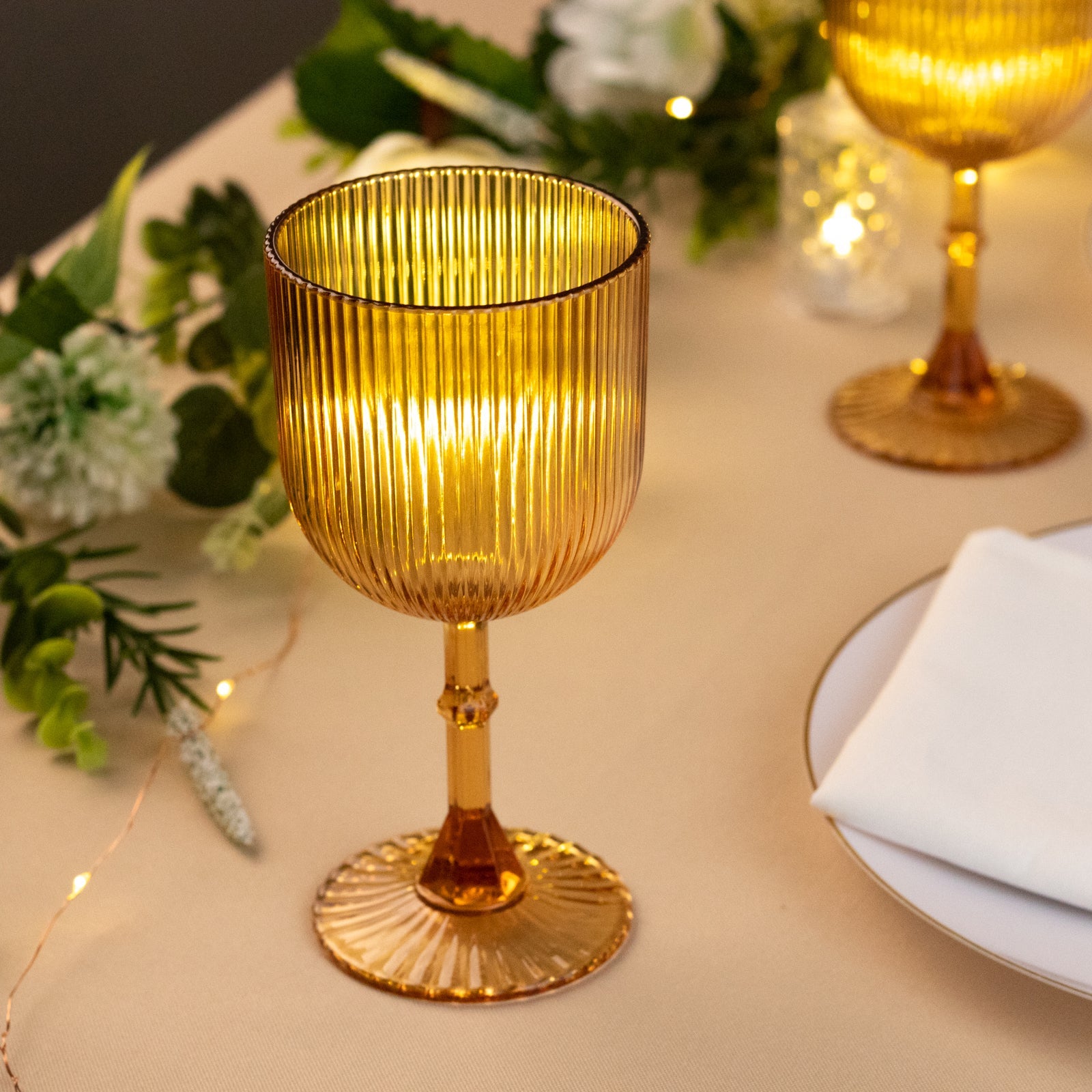 12-Pack Amber Gold Plastic Wine Glasses 9Oz, Vintage Ribbed Pattern