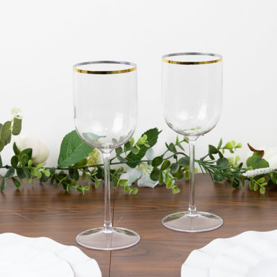 12-Pack Clear Plastic Wine Glasses with Gold Rim – 12oz Elegant Disposable Long Stem Goblets - 9"