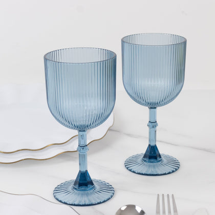 12-Pack Dusty Blue Plastic Wine Glasses 9oz, Vintage Ribbed Pattern - Transparent Reusable Shatterproof Goblets