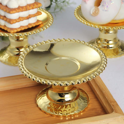 12-Pack Gold Mirror Finish Mini Plastic Pedestal Cupcake Plates 5", Beaded Rim Design - Disposable Round Cake Dessert Display Stands