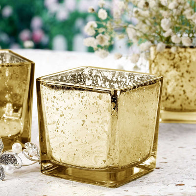 12-Pack Mercury Glass Square Candle Holders 2" Gold with Glittered Design - Votive Tealight Holders
