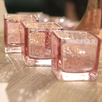 12-Pack Mercury Glass Square Candle Holders 2" Rose Gold with Glittered Design - Votive Tealight Holders