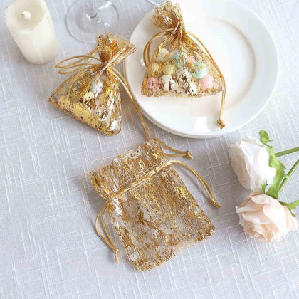 12 Pack Metallic Gold Foil Polyester Drawstring Favor Gift Bags, Wedding Party Candy Bags - 4"x5"
