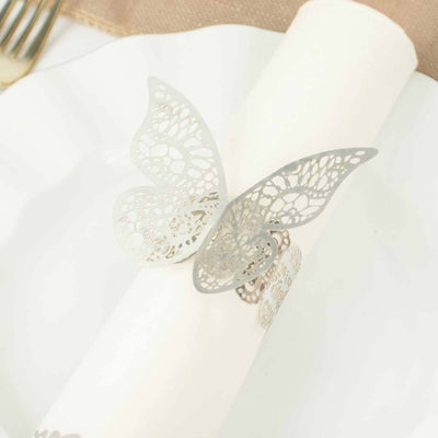 12-Pack Paper Napkin Rings Metallic Silver Shimmery Butterfly Laser Cut - Serviette Holders and Chair Sash Bows