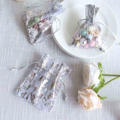 12 Pack Metallic Silver Foil Polyester Drawstring Favor Gift Bags, Wedding Party Candy Bags - 4"x5"