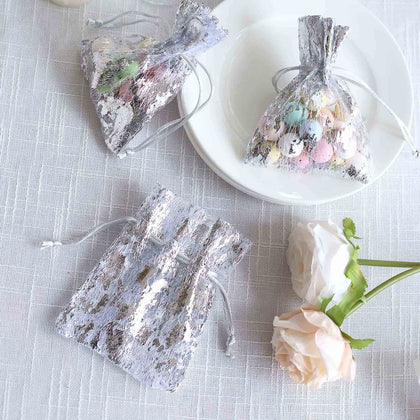 12 Pack Metallic Silver Foil Polyester Drawstring Favor Gift Bags, Wedding Party Candy Bags - 4"x5"