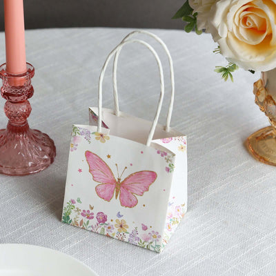 12 Pack Pink Glitter Butterfly Paper Gift Bags With Handles, Floral Print White Party Favor Goodie Bags - 4"x4"
