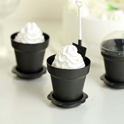 12-Pack Plastic Dessert Cups 4" Succulent Planter Design Black - Includes Clear Lids, Trays, and Shovels