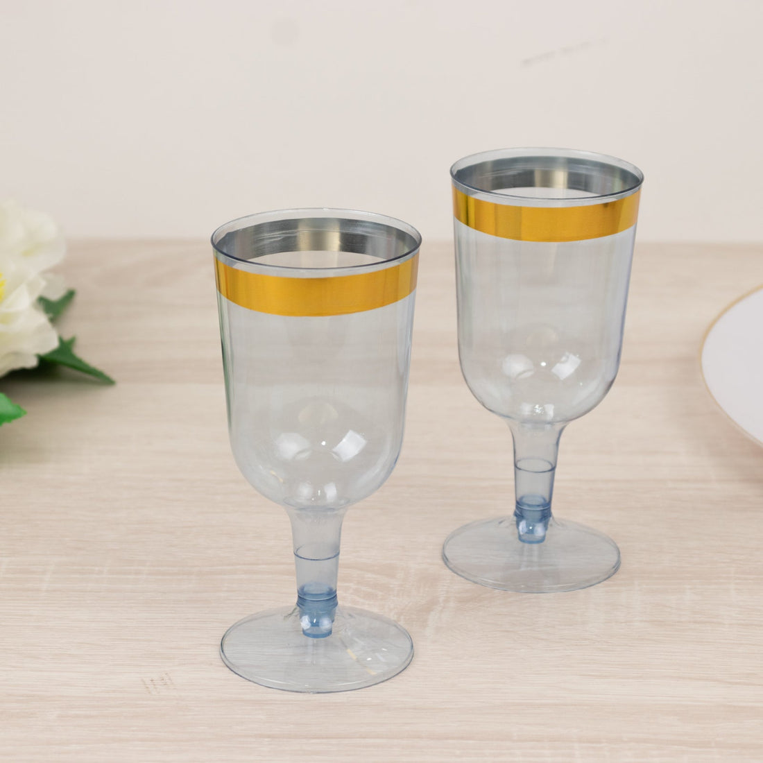 12 Pack Plastic Short Stem Wine Glasses 6oz Transparent Dusty Blue/Gold Rim 