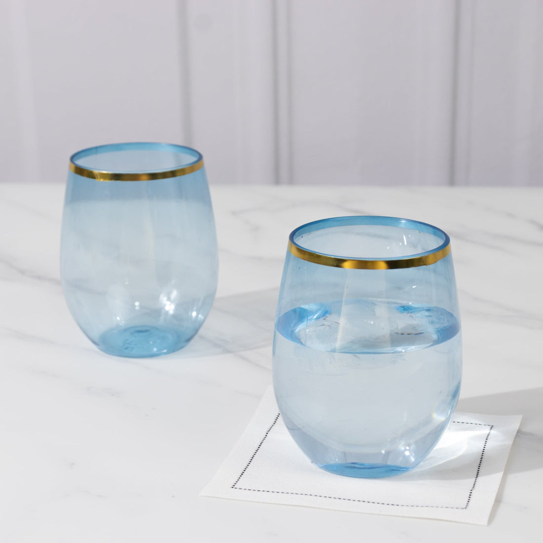 Dusty Blue Stemless Wine Glasses with Gold Rim | eFavormart