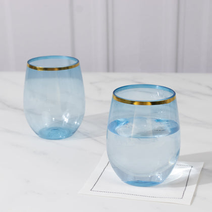 12-Pack Plastic Stemless Wine Glasses 12oz, Transparent Dusty Blue with Gold Rim - Reusable Tumblers for Events