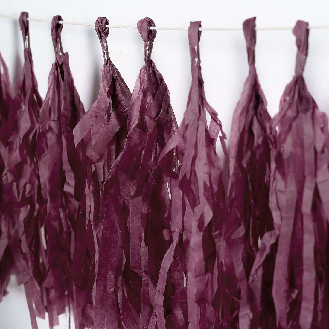 Purple tassel garland decoration hanging on a string.
