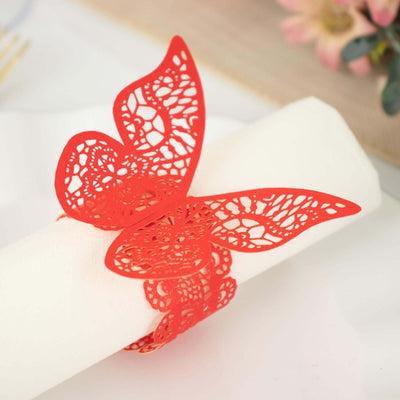 12-Pack Paper Napkin Rings Red Shimmery Butterfly Laser Cut - Serviette Holders and Chair Sash Bows