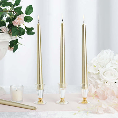 12-Pack Taper Candles 10" Premium Wax Design Metallic Gold - Unscented Candles for Stylish Settings