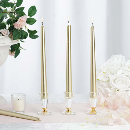 12-Pack Taper Candles 10" Premium Wax Design Metallic Gold - Unscented Candles for Stylish Settings