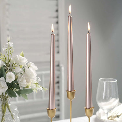 12-Pack Taper Candles 10" Premium Wax Design Metallic Rose Gold - Unscented Candles