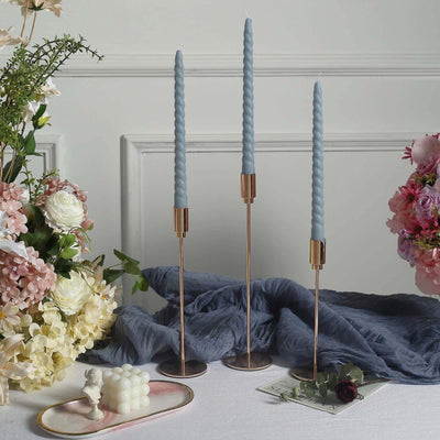 12-Pack Taper Candles 11" Spiral Long Burn Wick Design Dusty Blue - Premium Unscented Wax Dinner Candle Sticks