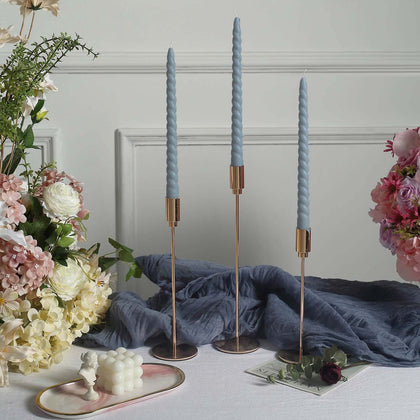 12-Pack Taper Candles 11" Spiral Long Burn Wick Design Dusty Blue - Premium Unscented Wax Dinner Candle Sticks