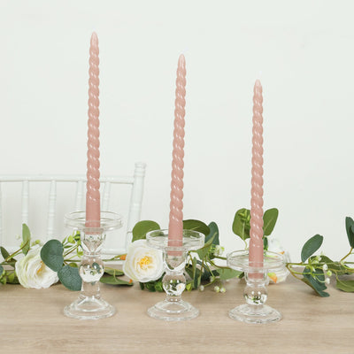 12-Pack Taper Candles 11" Spiral Long Burn Wick Design Dusty Rose - Premium Unscented Wax Dinner Candle Sticks