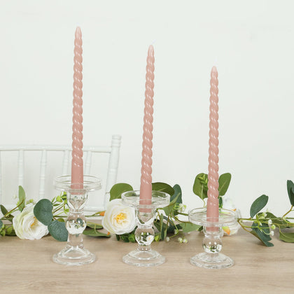 12-Pack Taper Candles 11" Spiral Long Burn Wick Design Dusty Rose - Premium Unscented Wax Dinner Candle Sticks