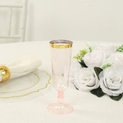 12-Pack Plastic Champagne Flutes 5oz Transparent Blush with Gold Rim - Disposable Toasting Glasses with Detachable Base 6"