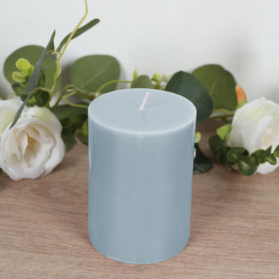 12-Pack Unscented Pillar Candles – Dripless 3"x4" Dusty Blue Paraffin Wax with Smokeless Cotton Wicks, Long-Lasting Burn for Weddings & Event Decor