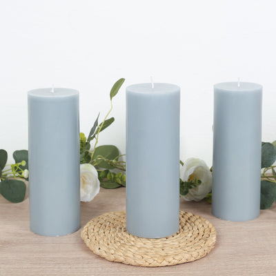 12-Pack Unscented Pillar Candles – Dripless 3"x8" Dusty Blue Paraffin Wax with Smokeless Cotton Wicks, Clean & Long-Lasting Burn for Weddings, Home & Event Decor
