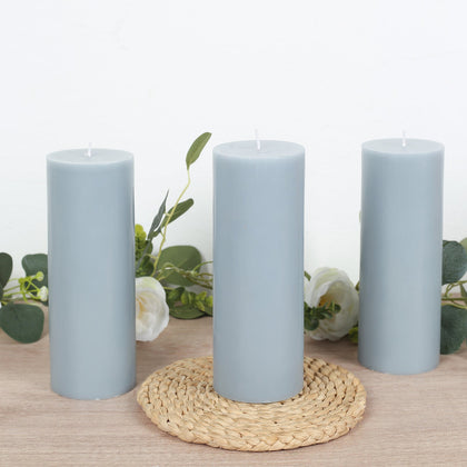12-Pack Unscented Pillar Candles – Dripless 3"x8" Dusty Blue Paraffin Wax with Smokeless Cotton Wicks, Clean & Long-Lasting Burn for Weddings, Home & Event Decor