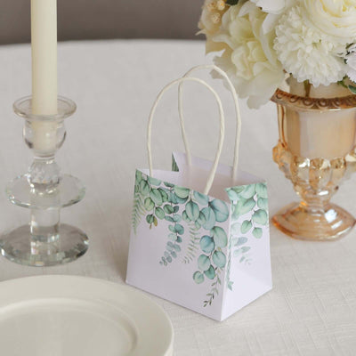 12 Pack White Green Eucalyptus Leaves Paper Gift Bags With Handles, Small Party Favor Goodie Bags - 4"x4"