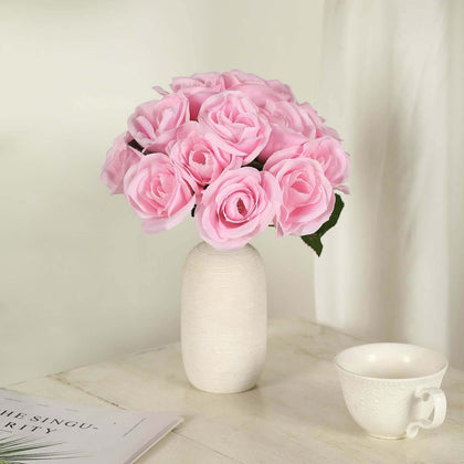 Pink Velvet-Like Artificial Rose Bouquet, 12" Decorative Floral Arrangement