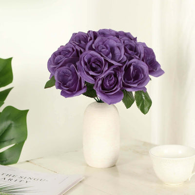 Purple Velvet-Like Artificial Rose Bouquet, 12" Decorative Floral Arrangement