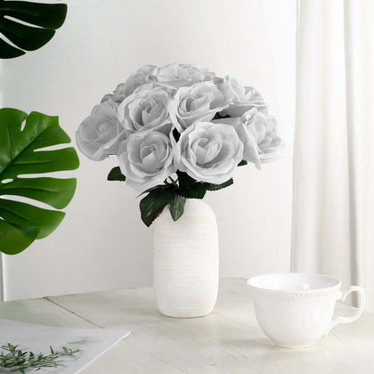 Silver Velvet-Like Artificial Rose Bouquet, 12" Decorative Floral Arrangement
