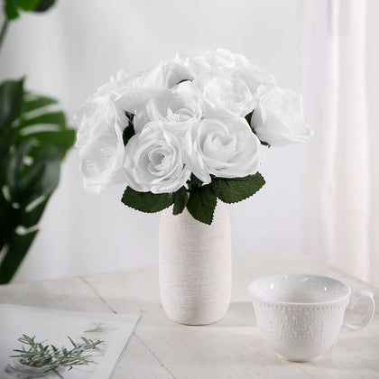 White Velvet-Like Artificial Rose Bouquet, 12" Decorative Floral Arrangement
