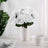 White rose bouquet in a vase on a table with a cup and greenery.