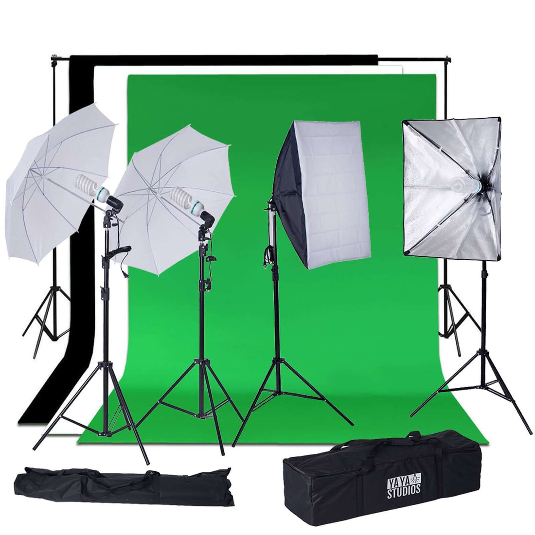 Photography lighting kit with softboxes and green backdrop for studio use.