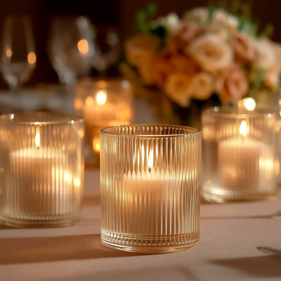 12 Pack Glass Votive Candle Holders – Amber Gold, 2.5" Ribbed Tealight Cups for Tabletop Lighting