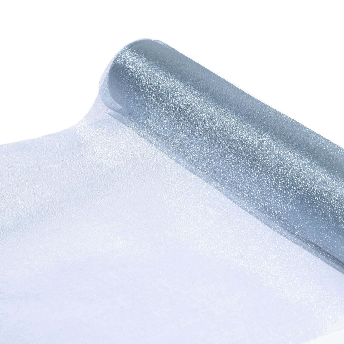 Shimmering sheer fabric roll in light blue color on a white background